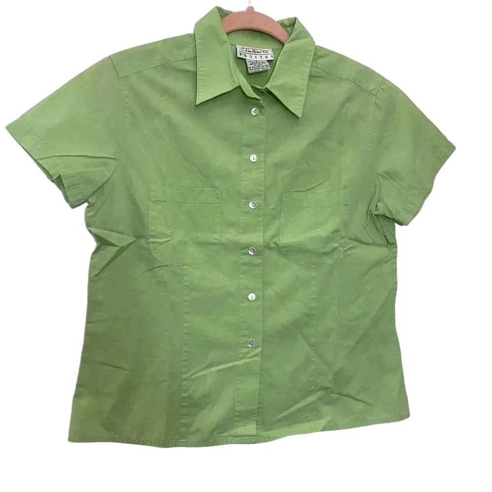 Talbots women’s green  short sleeves button down shirt 100%cotton size 8